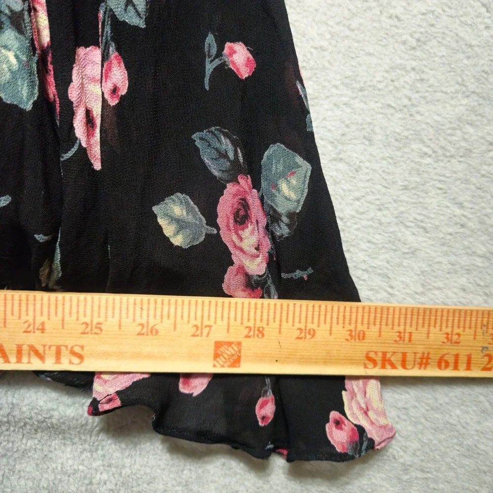 LOLA P Womens Midi Dress Medium Black Pink Floral Ruffle Hem 90s Y2K Cottagecore